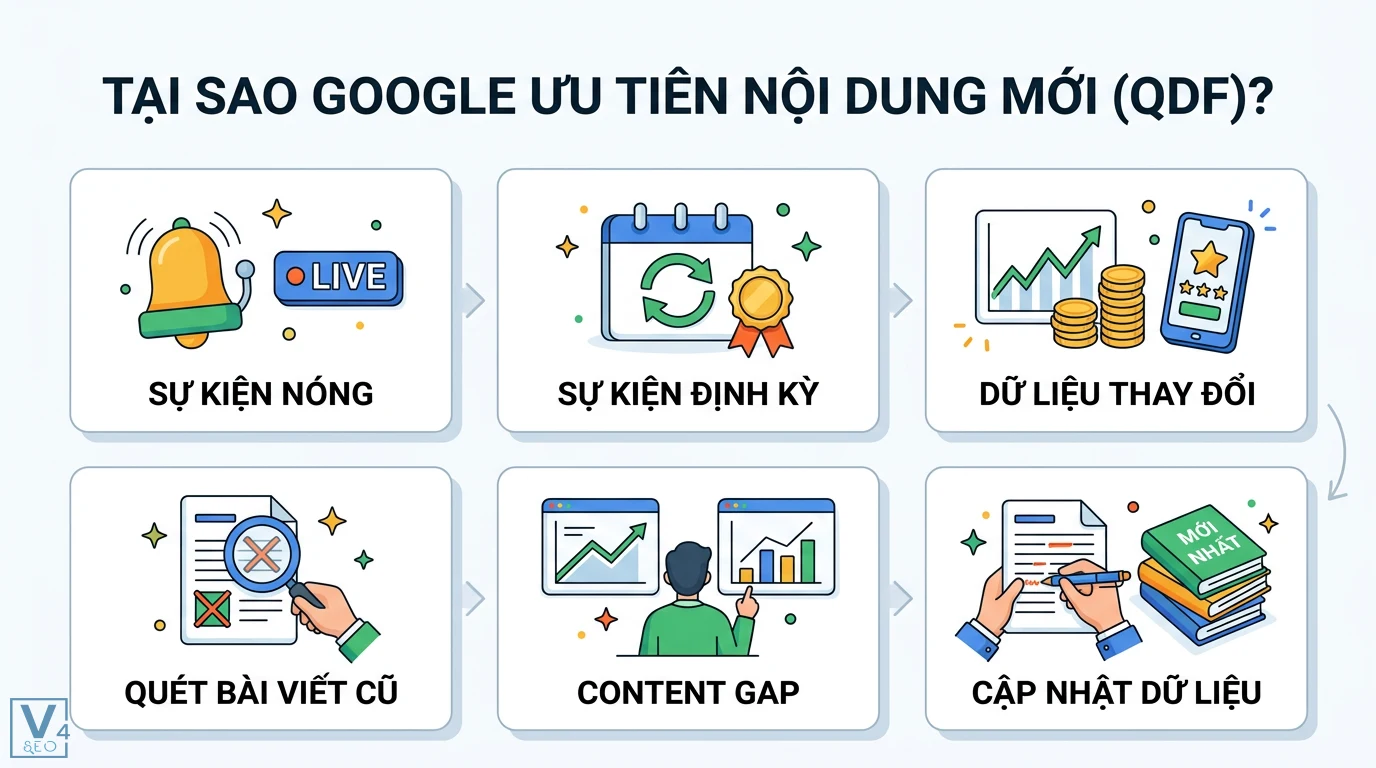 Freshness là gì? Giải nghĩa từ điển và thuật toán Google SEO 2 Cơ chế Query Deserves Freshness QDF ưu tiên thông tin mới từ việc quét bài viết cũ phân tích content gap và cập nhật dữ liệu sự kiện nóng