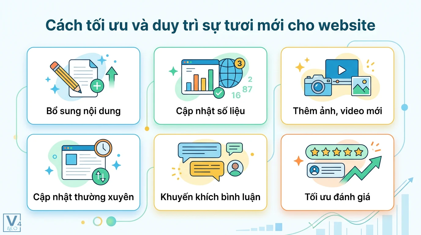 Freshness là gì? Giải nghĩa từ điển và thuật toán Google SEO 3 Cách tối ưu sự tươi mới website qua bổ sung nội dung, cập nhật số liệu, thêm video, duy trì tần suất, tăng bình luận và tối ưu đánh giá