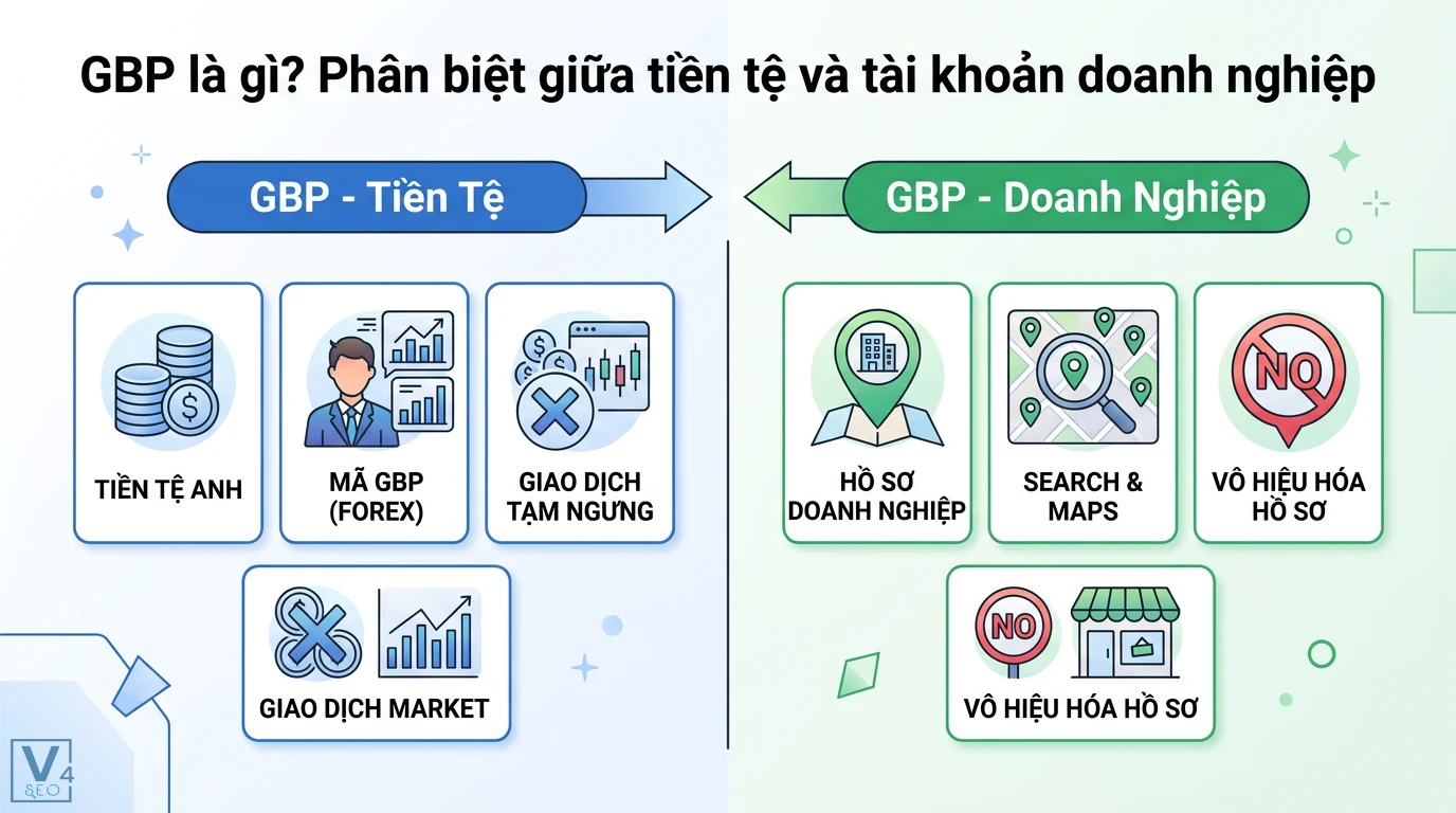 GBP bị tạm ngưng là gì? Cách khôi phục Google Business Profile 1 Phân biệt GBP là tiền tệ Bảng Anh trong Forex và GBP là hồ sơ doanh nghiệp Google Business Profile bị vô hiệu hóa trên Search và Maps