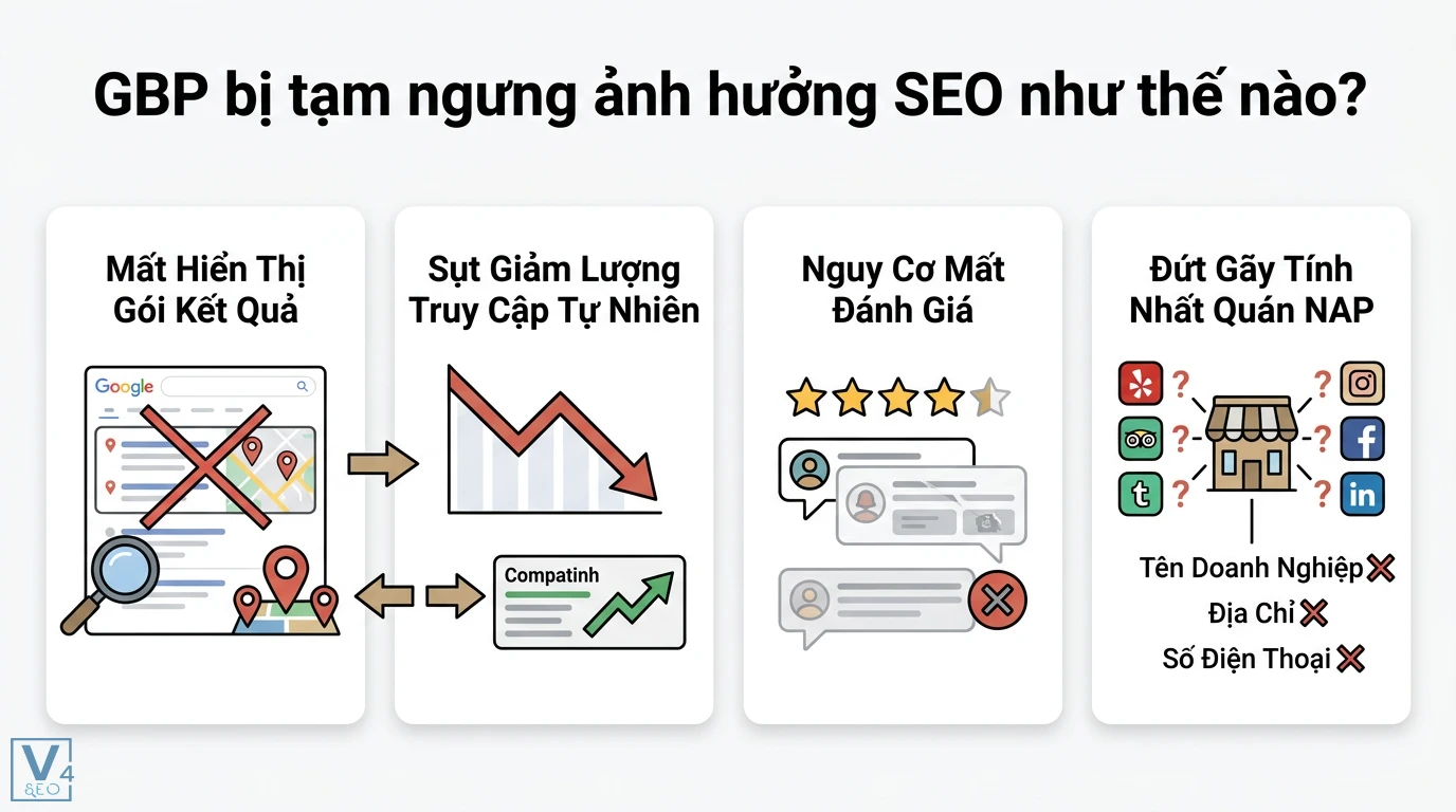 GBP bị tạm ngưng là gì? Cách khôi phục Google Business Profile 2 GBP bị tạm ngưng gây mất hiển thị Local Pack, sụt giảm truy cập tự nhiên, nguy cơ mất đánh giá và đứt gãy tính nhất quán thông tin NAP