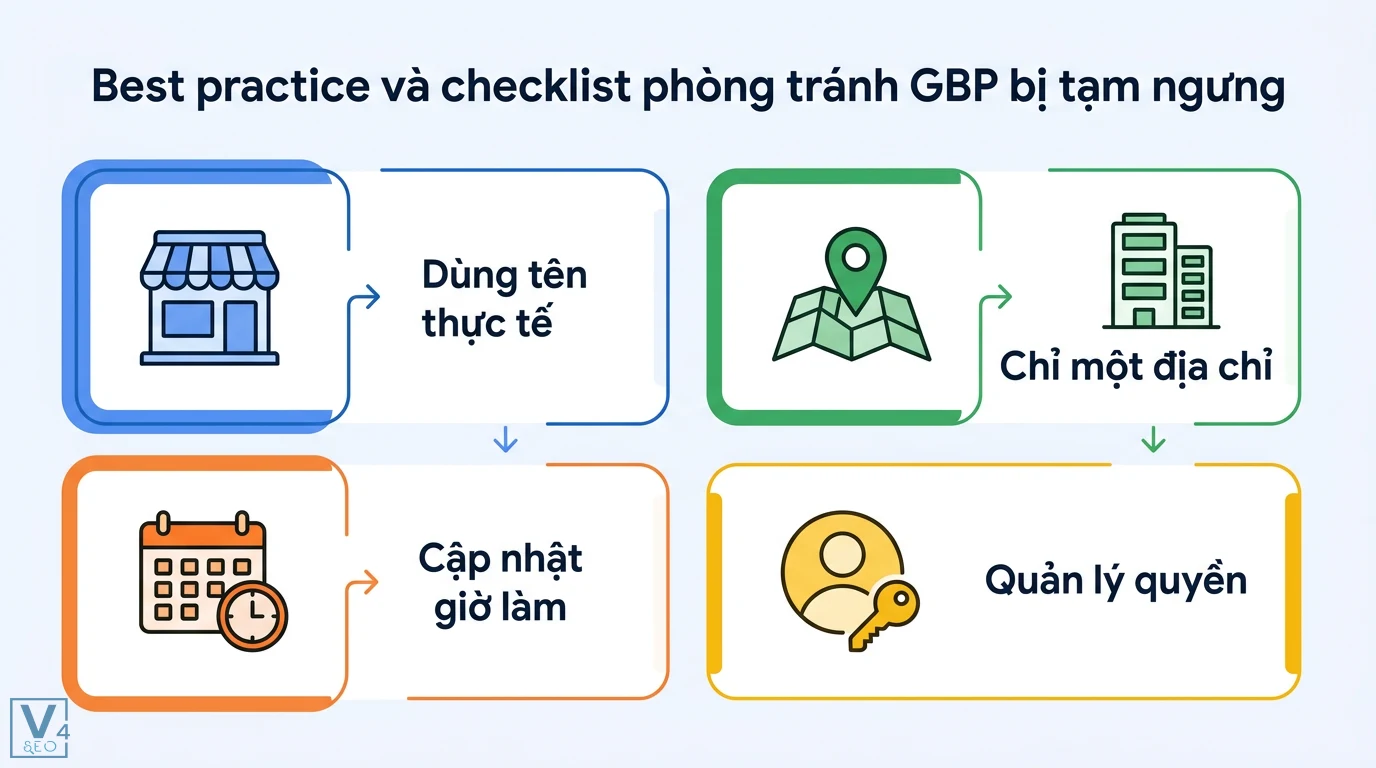 GBP bị tạm ngưng là gì? Cách khôi phục Google Business Profile 3 Checklist phòng tránh GBP bị tạm ngưng gồm dùng tên thực tế, một địa chỉ duy nhất, cập nhật giờ làm và quản lý quyền truy cập tài khoản