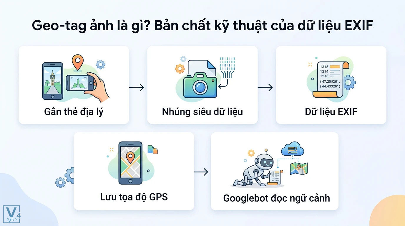 Geo-tag ảnh (thường bị hiểu sai) là gì? Giải mã vai trò SEO Local 1 Gắn thẻ địa lý nhúng siêu dữ liệu EXIF và tọa độ GPS giúp Googlebot phân tích ngữ cảnh để liên kết với địa điểm cụ thể trên bản đồ số