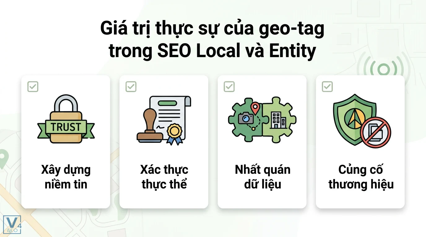 Geo-tag ảnh (thường bị hiểu sai) là gì? Giải mã vai trò SEO Local 2 Geo-tag trong SEO Local giúp xây dựng niềm tin, xác thực thực thể, nhất quán dữ liệu và củng cố thương hiệu Entity cho doanh nghiệp