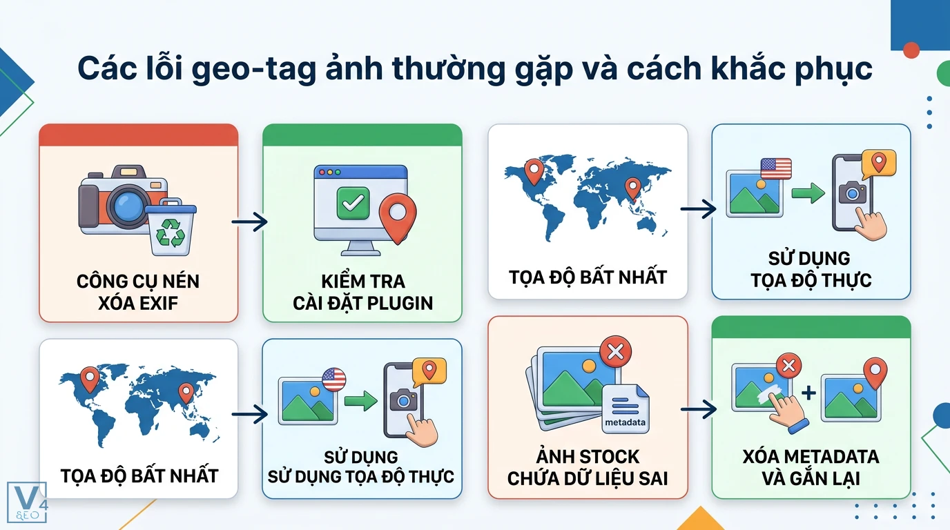 Geo-tag ảnh (thường bị hiểu sai) là gì? Giải mã vai trò SEO Local 3 Khắc phục lỗi geo-tag bằng cách kiểm tra plugin nén, đồng bộ tọa độ thực và xử lý metadata từ nguồn stock để tối ưu Local SEO