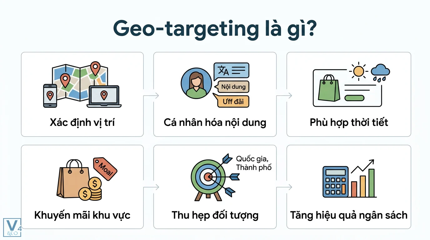 Geo-targeting là gì? Hướng dẫn triển khai thực tế cho doanh nghiệp 1 Geo-targeting xác định vị trí địa lý để cá nhân hóa nội dung theo thời tiết và khu vực giúp thu hẹp đối tượng, tăng hiệu quả ngân sách