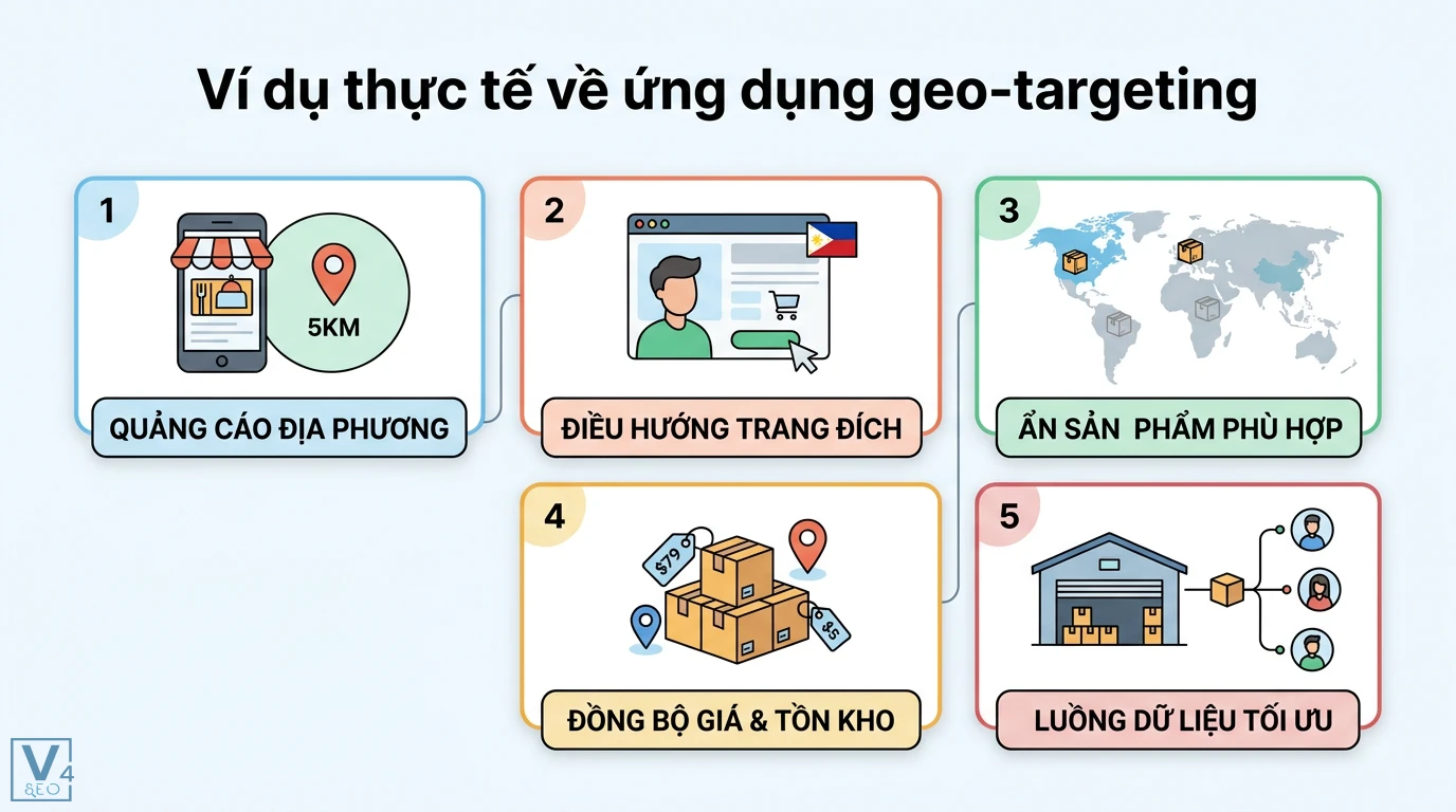 Geo-targeting là gì? Hướng dẫn triển khai thực tế cho doanh nghiệp 2 Ứng dụng geo-targeting để quảng cáo địa phương, điều hướng trang đích, ẩn sản phẩm và đồng bộ luồng dữ liệu giá bán tồn kho theo vị trí