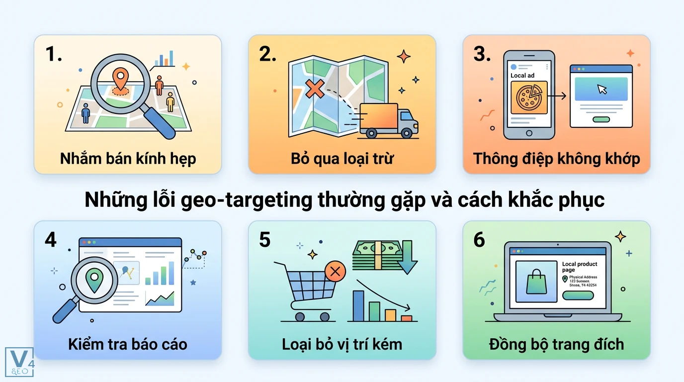 Geo-targeting là gì? Hướng dẫn triển khai thực tế cho doanh nghiệp 3 Lỗi geo-targeting thường gặp như nhắm bán kính hẹp, bỏ qua loại trừ và cách khắc phục bằng kiểm tra báo cáo, đồng bộ trang đích địa phương
