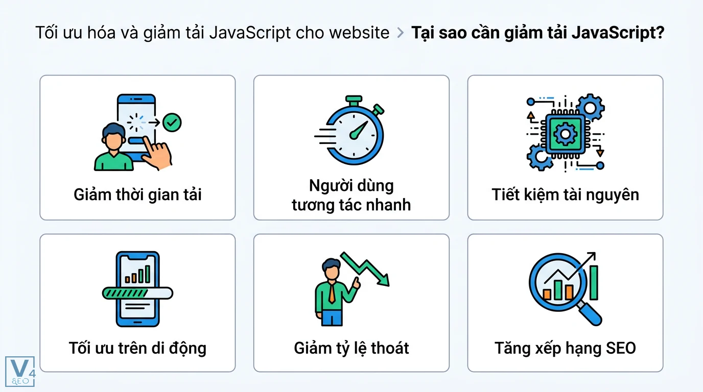 Giảm JavaScript là gì? Phân biệt hàm reduce và cách tối ưu code 2 Lợi ích giảm tải JavaScript giúp tăng tốc độ, tương tác nhanh, tiết kiệm tài nguyên, tối ưu di động, giảm tỷ lệ thoát và cải thiện SEO
