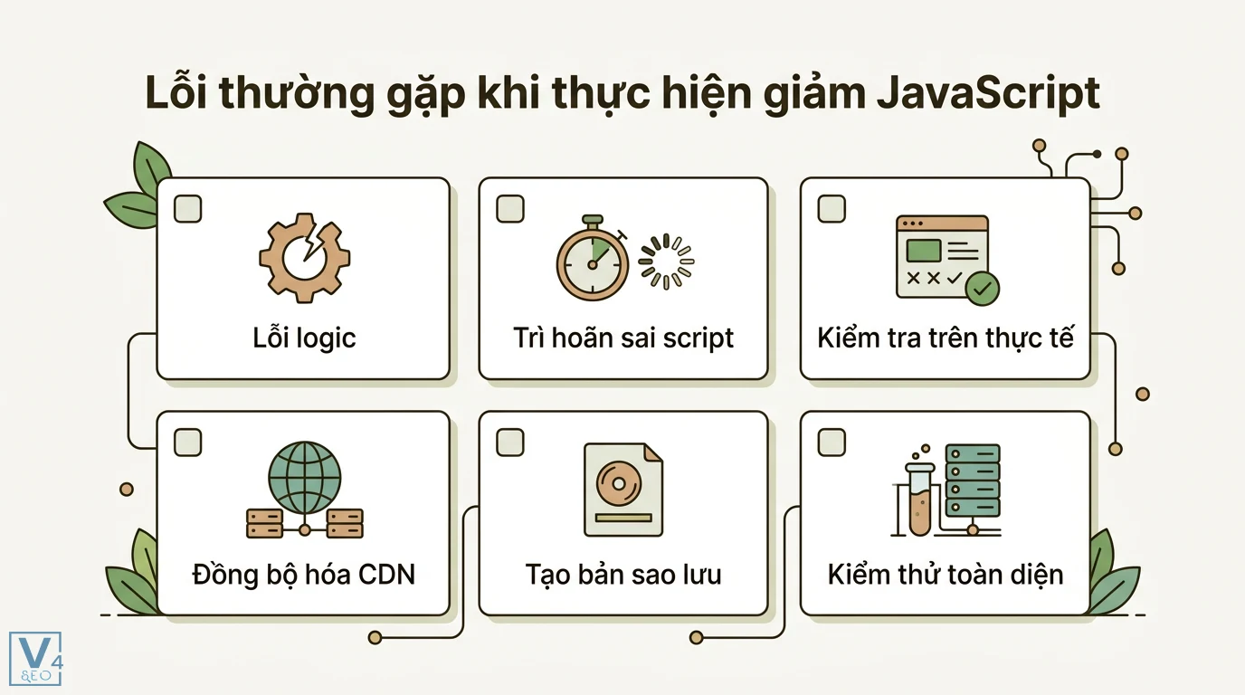 Giảm JavaScript là gì? Phân biệt hàm reduce và cách tối ưu code 3 Lỗi thường gặp khi thực hiện giảm JavaScript gồm lỗi logic, trì hoãn sai script, đồng bộ CDN, kiểm thử thực tế và tạo bản sao lưu