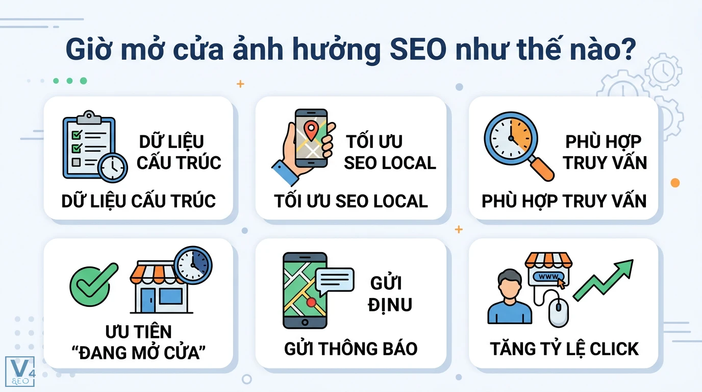 Giờ mở cửa là gì? Ý nghĩa và quy định về thời gian kinh doanh 2 Giờ mở cửa ảnh hưởng SEO qua dữ liệu cấu trúc, tối ưu SEO Local, phù hợp truy vấn, ưu tiên đang mở cửa, gửi thông báo và tăng tỷ lệ click