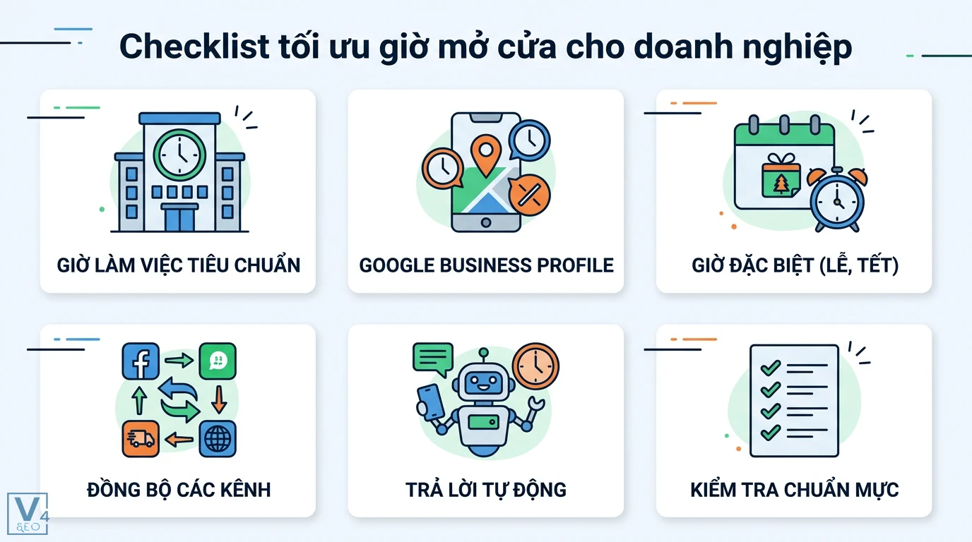 Giờ mở cửa là gì? Ý nghĩa và quy định về thời gian kinh doanh 3 Checklist tối ưu giờ mở cửa doanh nghiệp gồm Google Business Profile, giờ lễ tết, đồng bộ đa kênh, trả lời tự động và kiểm tra chuẩn mực