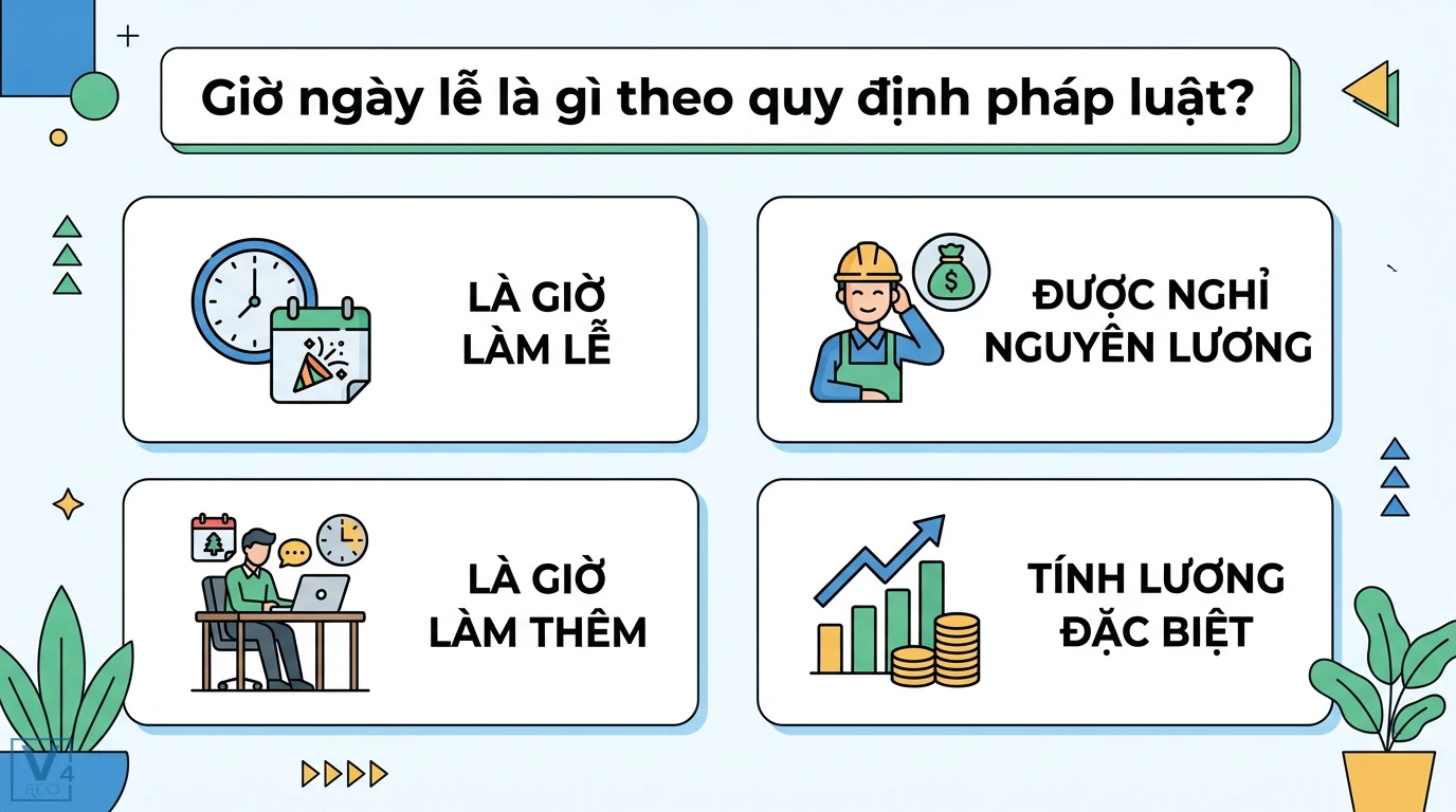 Giờ ngày lễ là gì? Cách tính lương 300% theo Bộ luật Lao động 1 Giờ ngày lễ theo quy định pháp luật gồm quyền lợi nghỉ hưởng nguyên lương, tính chất giờ làm thêm và các quy định tính lương đặc biệt
