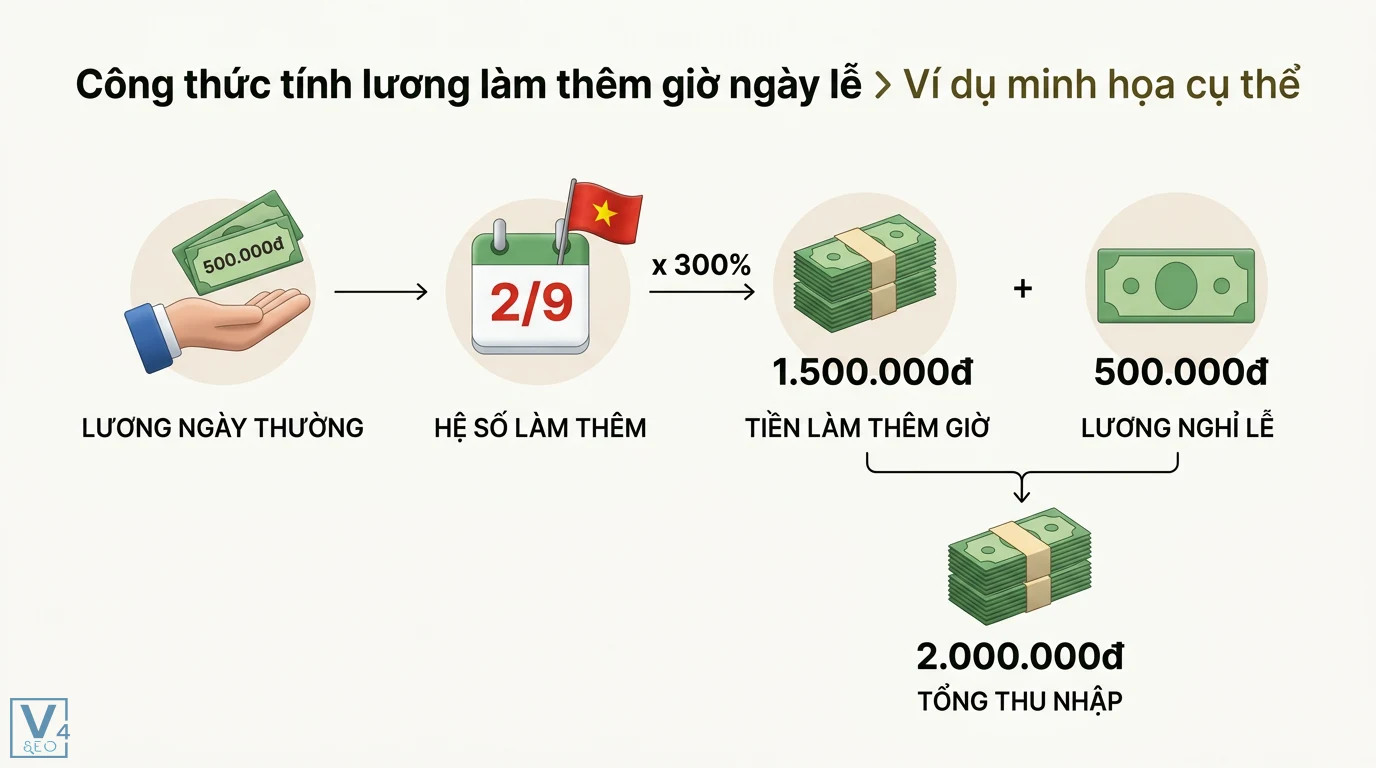 Giờ ngày lễ là gì? Cách tính lương 300% theo Bộ luật Lao động 2 Ví dụ tính lương làm thêm giờ ngày lễ 2/9 với 500.000đ lương thường nhân 300% thành 1.500.000đ cộng lương lễ ra tổng thu nhập 2.000.000đ
