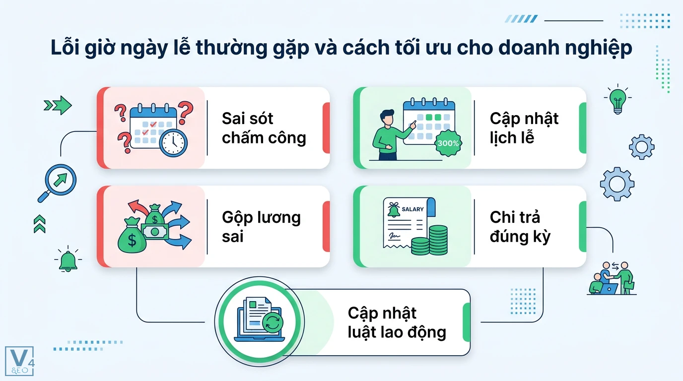 Giờ ngày lễ là gì? Cách tính lương 300% theo Bộ luật Lao động 3 Lỗi giờ ngày lễ thường gặp và cách tối ưu qua việc tránh sai sót chấm công, gộp lương sai, cập nhật lịch lễ 300% và chi trả lương đúng kỳ