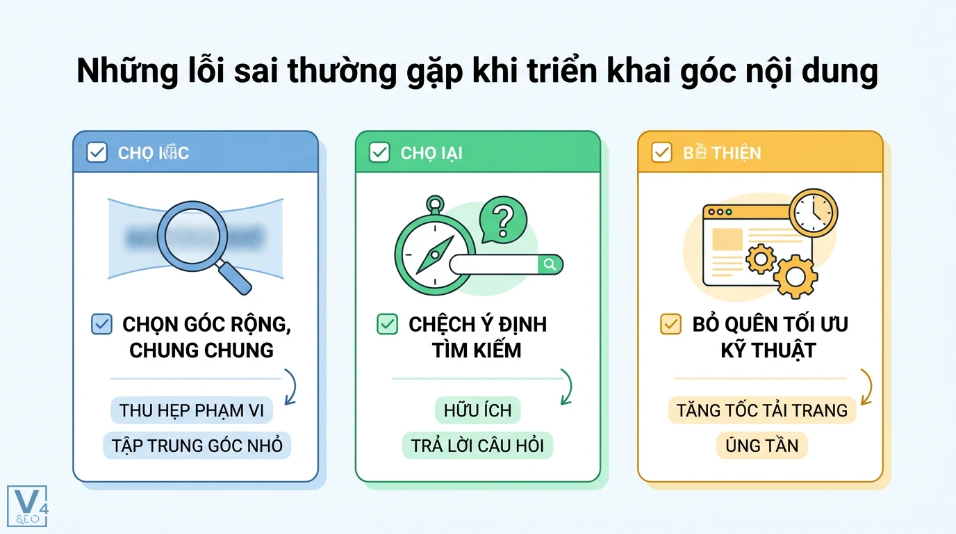 Góc nội dung là gì? Định nghĩa trong Toán lớp 9 và Marketing 3 Lỗi triển khai góc nội dung do chọn chủ đề quá rộng, sai ý định tìm kiếm và thiếu tối ưu kỹ thuật như tốc độ tải trang hoặc dùng ETag