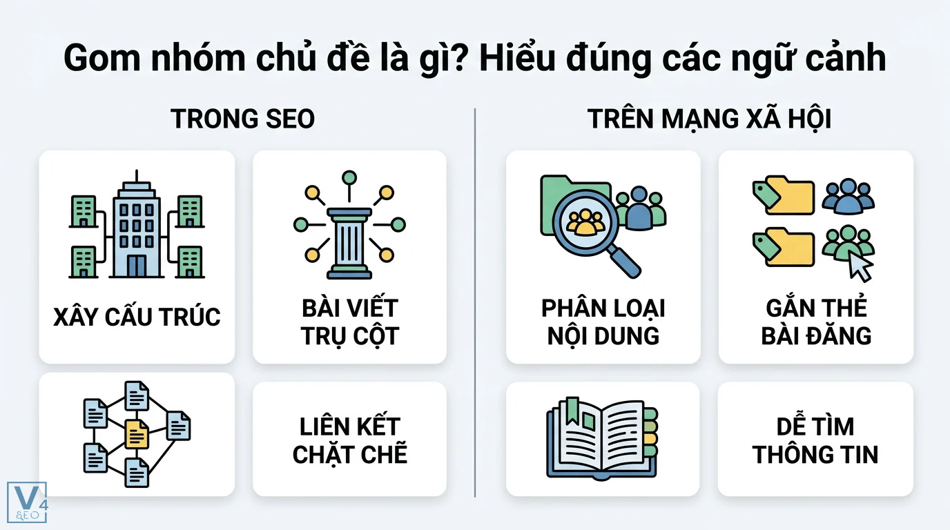 Gom nhóm chủ đề là gì? Bí quyết Topic Cluster và Facebook Group 1 Gom nhóm chủ đề trong SEO qua xây dựng bài viết trụ cột và trên mạng xã hội nhờ gắn thẻ phân loại bài đăng giúp dễ dàng tìm kiếm thông tin