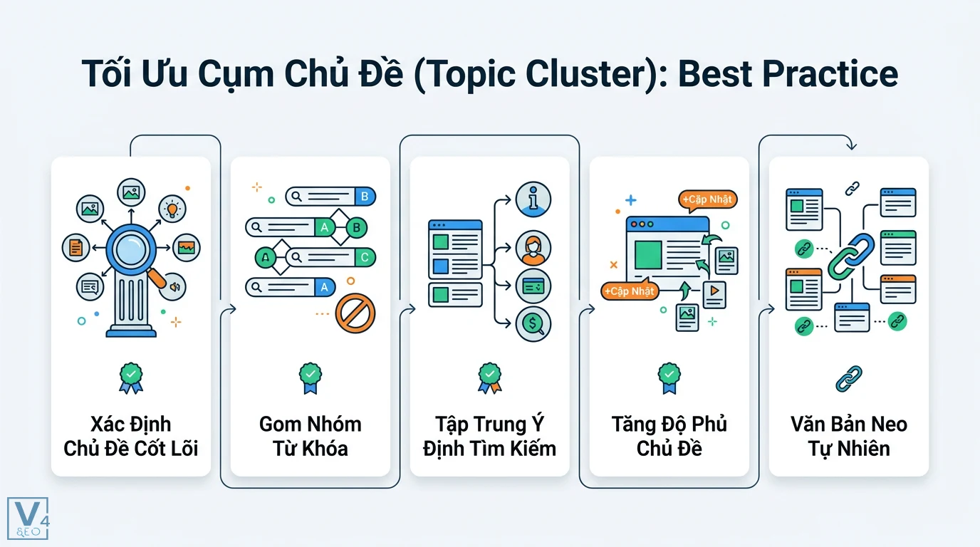 Gom nhóm chủ đề là gì? Bí quyết Topic Cluster và Facebook Group 2 Tối ưu Topic Cluster qua việc xác định chủ đề cốt lõi, gom nhóm từ khóa, tập trung ý định tìm kiếm, tăng độ phủ và dùng văn bản neo tự nhiên