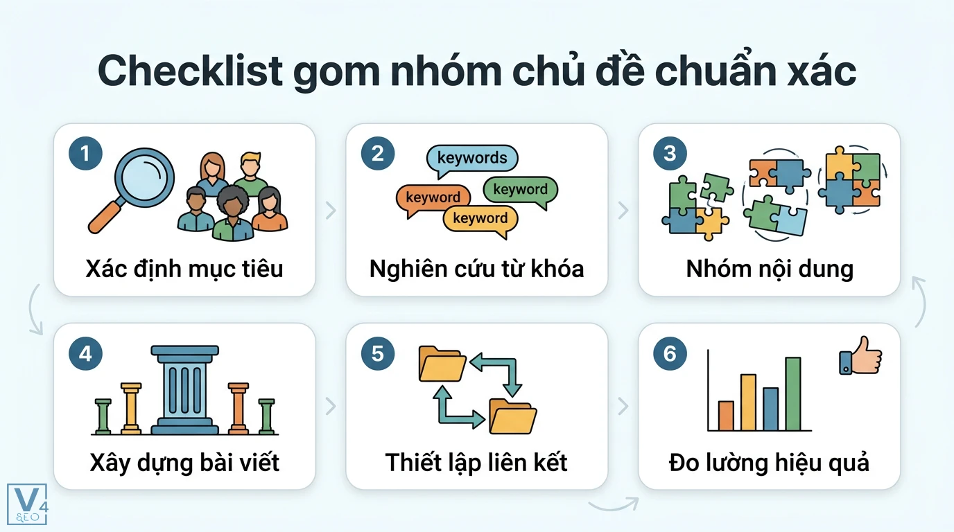 Gom nhóm chủ đề là gì? Bí quyết Topic Cluster và Facebook Group 3 Checklist gom nhóm chủ đề chuẩn xác gồm xác định mục tiêu, nghiên cứu từ khóa, nhóm nội dung, xây dựng bài trụ cột và đo lường hiệu quả