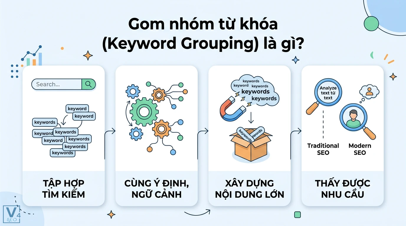 Gom nhóm từ khóa là gì? Cách phân loại chuẩn Intent kèm template 1 Gom nhóm từ khóa dựa trên ý định tìm kiếm và ngữ cảnh để xây dựng nội dung toàn diện thay thế cách phân tích từ vựng của SEO truyền thống