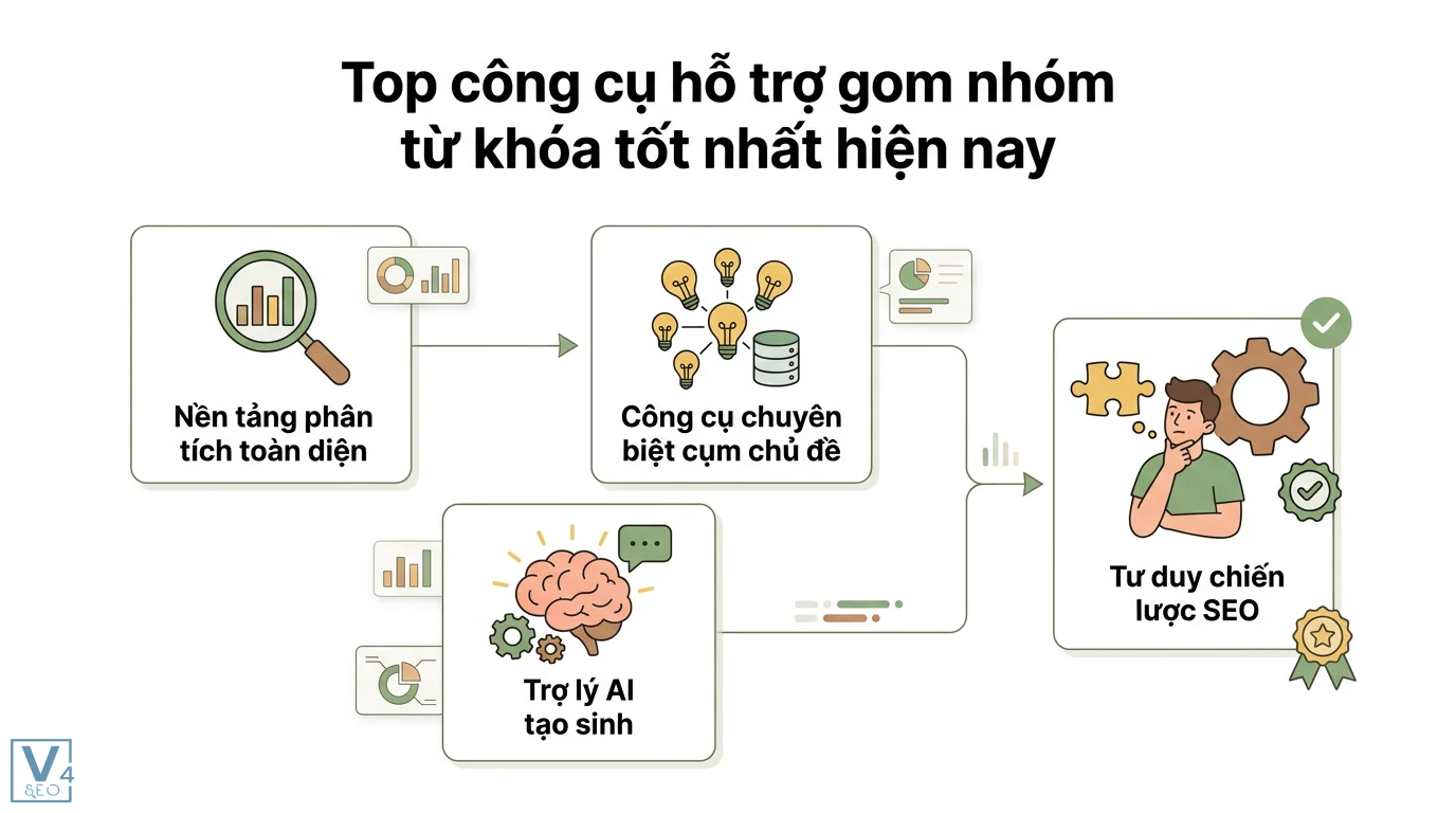 Gom nhóm từ khóa là gì? Cách phân loại chuẩn Intent kèm template 3 Gom nhóm từ khóa bằng nền tảng phân tích, trợ lý AI và công cụ chuyên biệt cụm chủ đề kết hợp cùng tư duy chiến lược SEO tiêu chuẩn