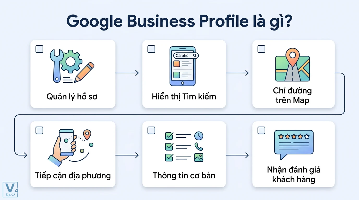Google Business Profile là gì? Tối ưu Map Pack chuẩn R-D-P 2026 3 Google Business Profile giúp quản lý hồ sơ, hiển thị Tìm kiếm và Map, tiếp cận địa phương, cung cấp thông tin và nhận đánh giá khách hàng