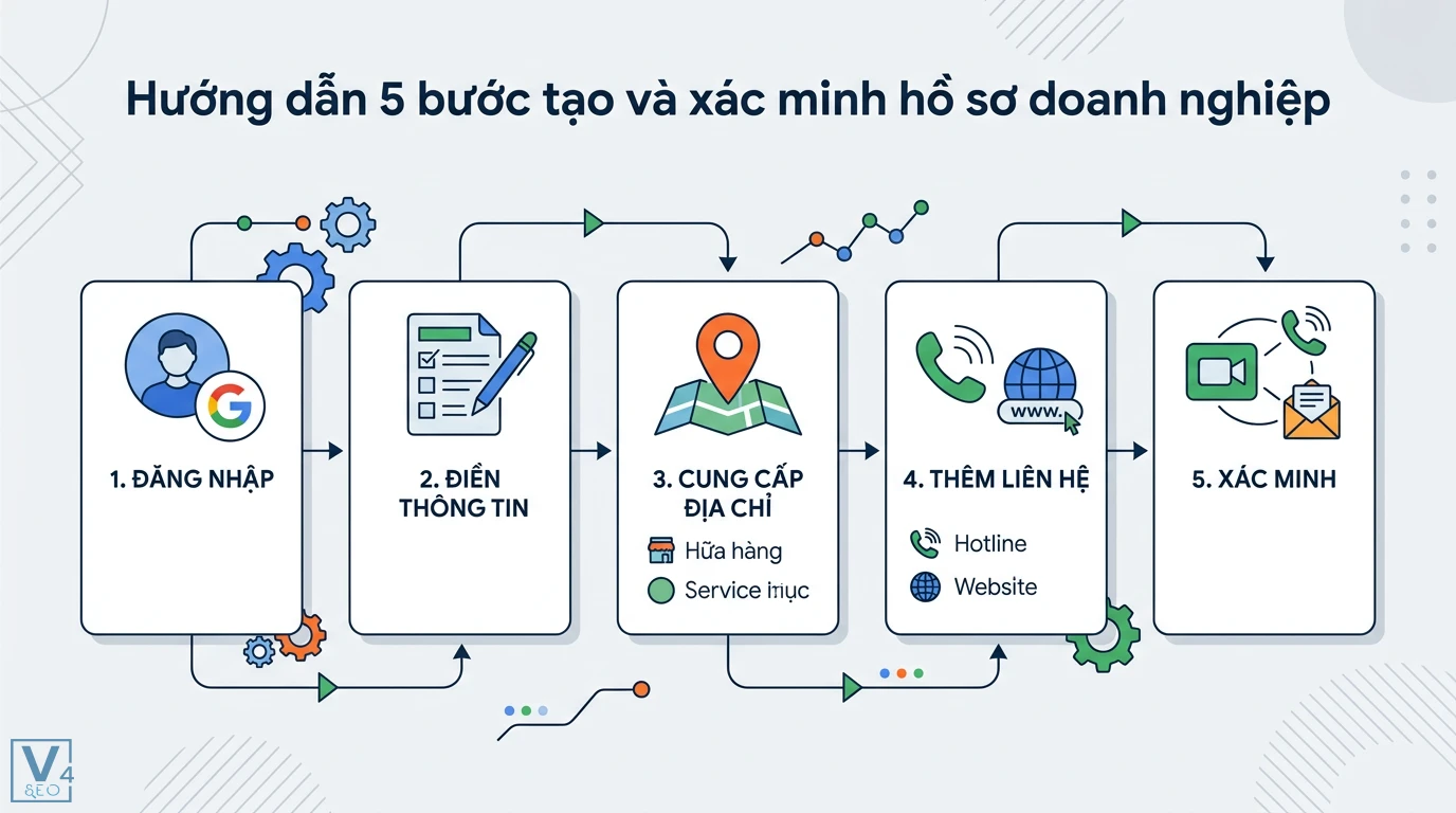Google Business Profile là gì? Tối ưu Map Pack chuẩn R-D-P 2026 1 Quy trình 5 bước tạo và xác minh hồ sơ doanh nghiệp gồm đăng nhập, điền thông tin, cung cấp địa chỉ, thêm liên hệ Hotline Website và xác minh