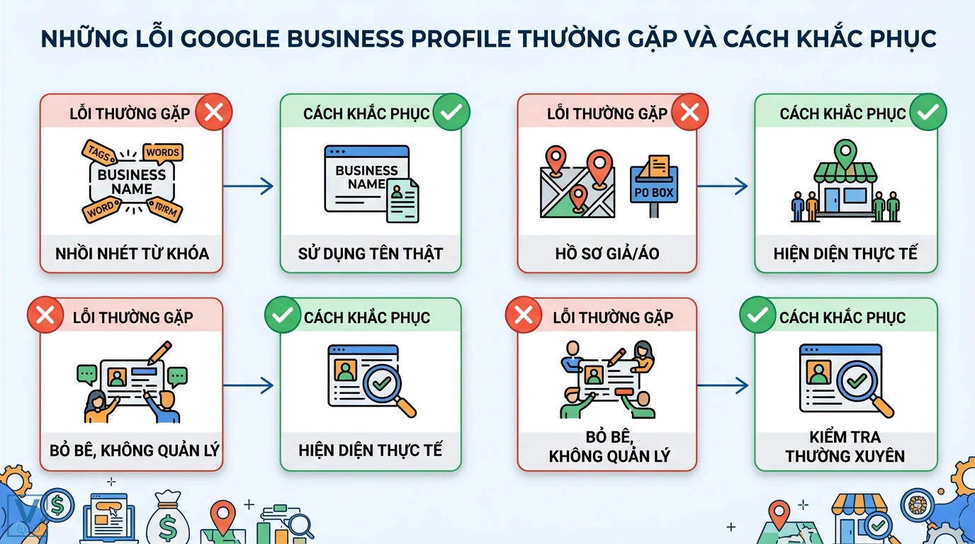 Google Business Profile là gì? Tối ưu Map Pack chuẩn R-D-P 2026 2 Lỗi Google Business Profile thường gặp và cách khắc phục như nhồi nhét từ khóa, hồ sơ ảo, bỏ bê quản lý bằng tên thật, kiểm tra thường xuyên