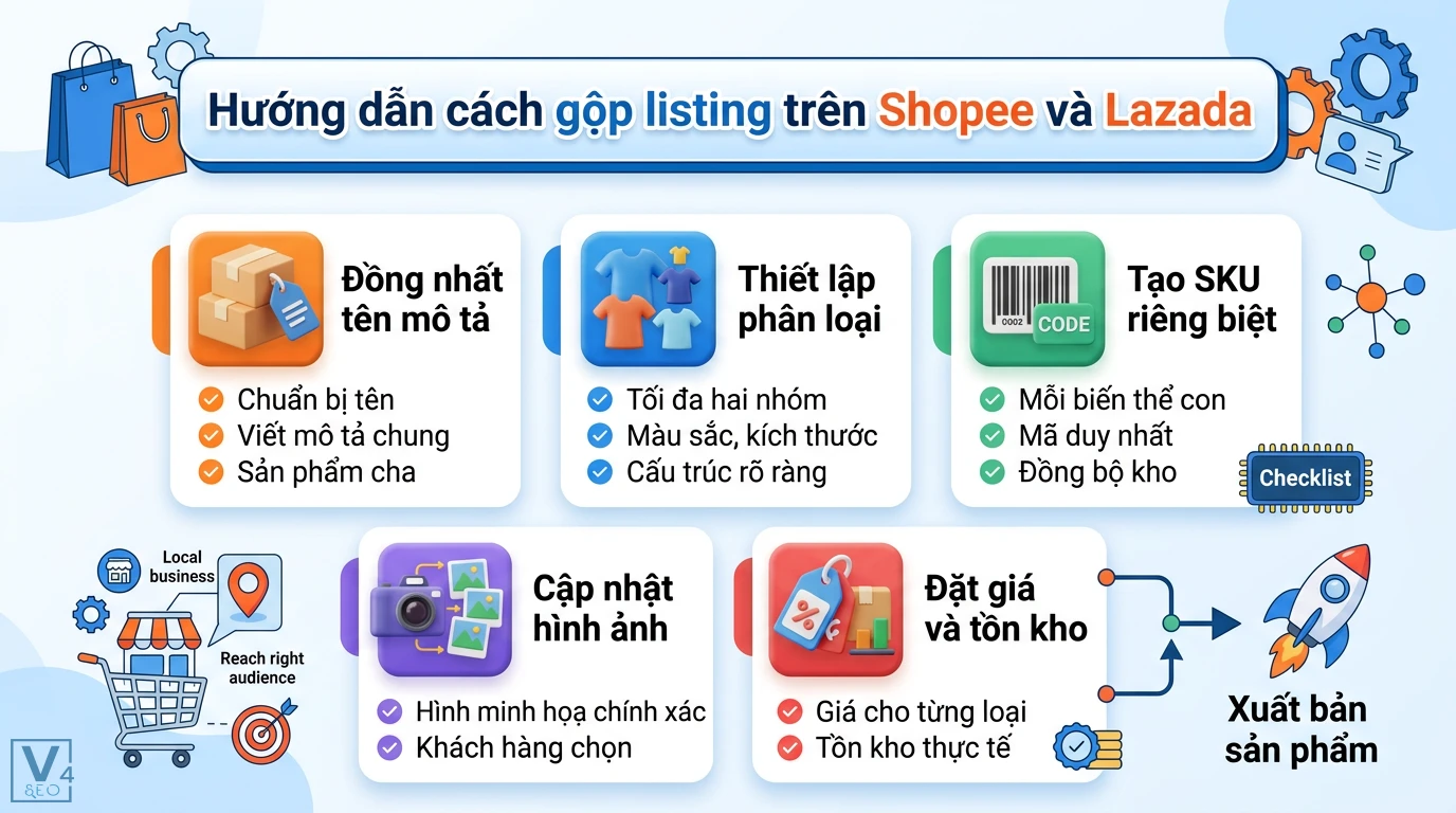 Gộp listing là gì? Cách gộp biến thể sản phẩm Shopee, Lazada 2 Cách gộp listing Shopee Lazada gồm đồng nhất tên mô tả, thiết lập phân loại, tạo mã SKU riêng biệt cho biến thể và cập nhật giá tồn kho