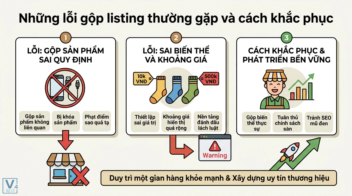 Gộp listing là gì? Cách gộp biến thể sản phẩm Shopee, Lazada 3 Lỗi gộp listing sản phẩm không liên quan, sai lệch khoảng giá và giải pháp tuân thủ chính sách sàn để phát triển gian hàng bền vững