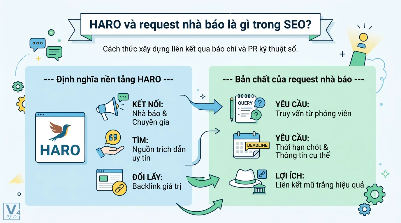 HARO / request nhà báo là gì? Nghệ thuật pitch backlink báo chí 1 HARO và request nhà báo kết nối chuyên gia với phóng viên để cung cấp trích dẫn uy tín, nhận backlink và xây dựng liên kết mũ trắng trong SEO