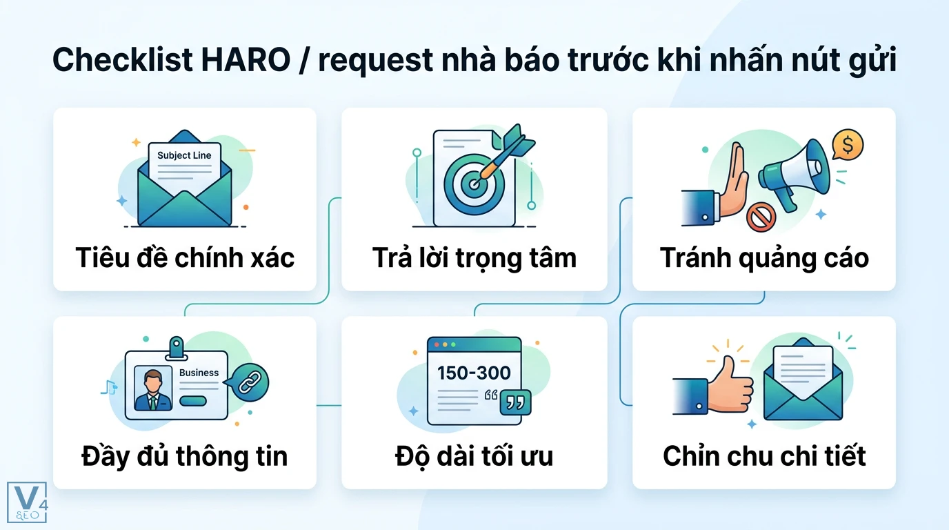 HARO / request nhà báo là gì? Nghệ thuật pitch backlink báo chí 3 Checklist HARO gửi pitch cho nhà báo với tiêu đề chính xác, trả lời trọng tâm, không quảng cáo, đủ thông tin và độ dài tối ưu 150-300 từ