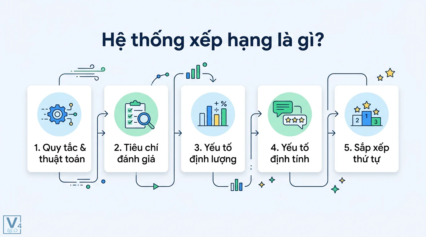 Hệ thống xếp hạng là gì? Phân biệt Ranking, Rating và ví dụ 1 Hệ thống xếp hạng gồm quy tắc thuật toán, tiêu chí đánh giá, yếu tố định lượng và định tính để thực hiện quy trình sắp xếp thứ tự đối tượng