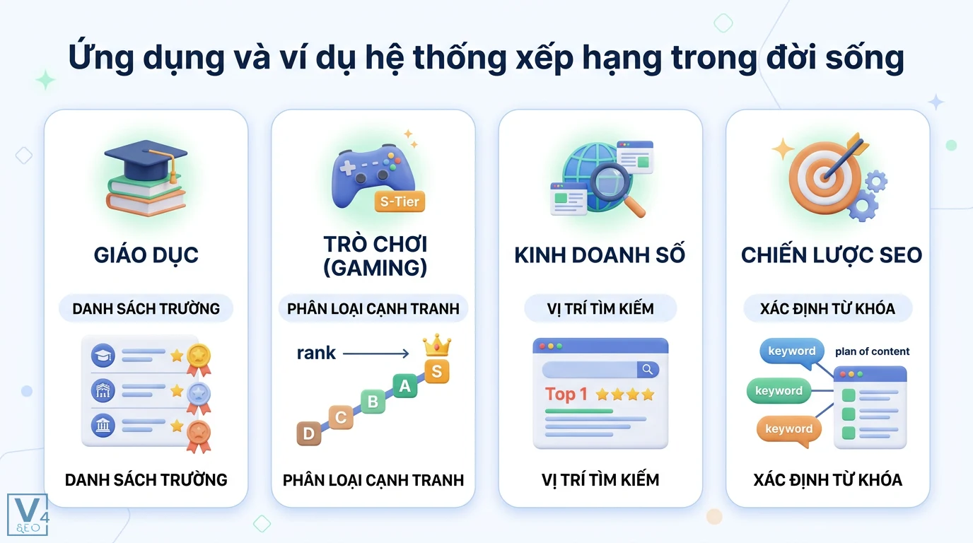 Hệ thống xếp hạng là gì? Phân biệt Ranking, Rating và ví dụ 2 Hệ thống xếp hạng trong giáo dục, trò chơi điện tử với phân loại S-tier, vị trí tìm kiếm kinh doanh số và xác định từ khóa chiến lược SEO