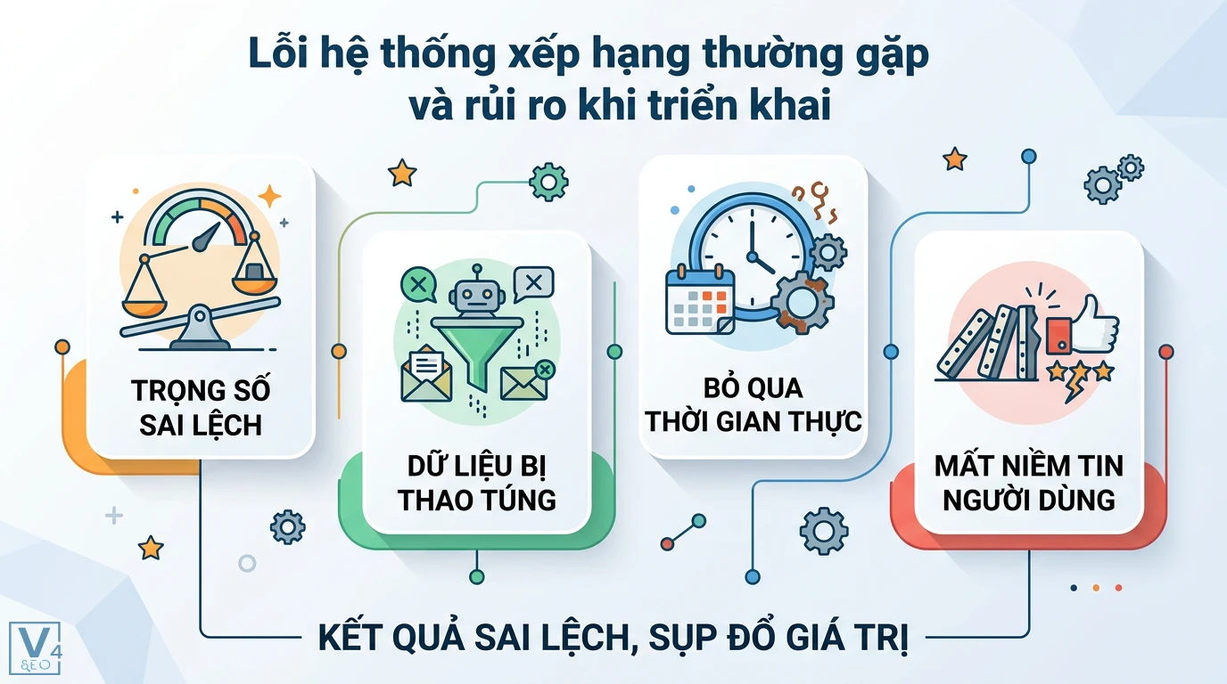 Hệ thống xếp hạng là gì? Phân biệt Ranking, Rating và ví dụ 3 Lỗi hệ thống xếp hạng thường gặp do trọng số sai lệch, dữ liệu bị thao túng, bỏ qua thời gian thực gây mất niềm tin và sụp đổ giá trị