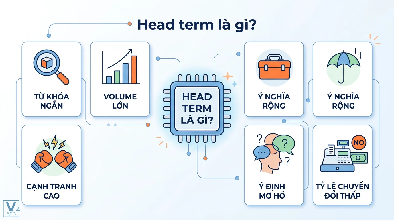 Head term là gì? Cách cân bằng từ khóa ngắn và long-tail 1 Head term là từ khóa ngắn có volume lớn, cạnh tranh cao, ý nghĩa rộng, ý định tìm kiếm mơ hồ và tỷ lệ chuyển đổi thấp