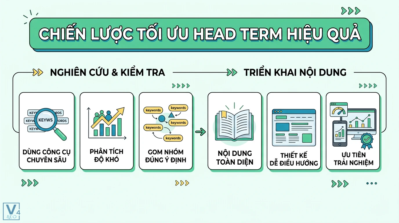 Head term là gì? Cách cân bằng từ khóa ngắn và long-tail 2 Chiến lược tối ưu head term qua nghiên cứu công cụ chuyên sâu, phân tích độ khó, gom nhóm ý định, xây dựng nội dung toàn diện và ưu tiên trải nghiệm