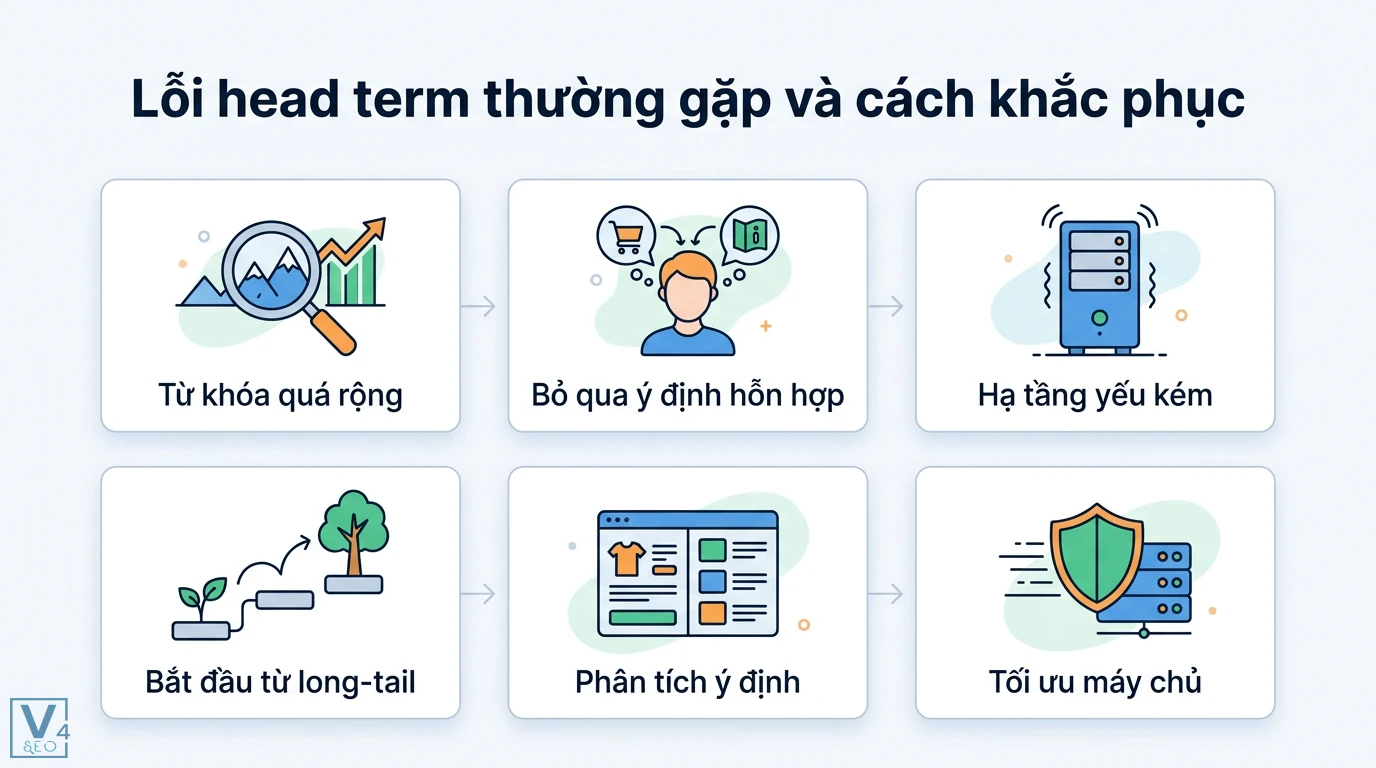 Head term là gì? Cách cân bằng từ khóa ngắn và long-tail 3 Cách khắc phục lỗi head term phổ biến qua việc ưu tiên từ khóa long-tail, phân tích ý định tìm kiếm và tối ưu hóa hạ tầng kỹ thuật máy chủ