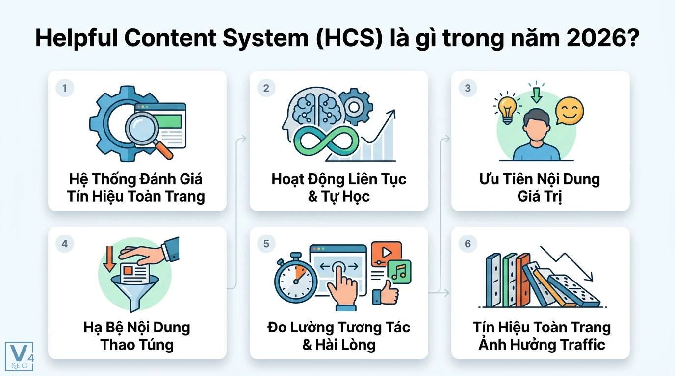Helpful content là gì? Cách tối ưu E-E-A-T và Information Gain 2026 1 Google Helpful Content System đánh giá tín hiệu toàn trang, ưu tiên nội dung giá trị, đo lường hài lòng và hạ bệ các website thao túng traffic