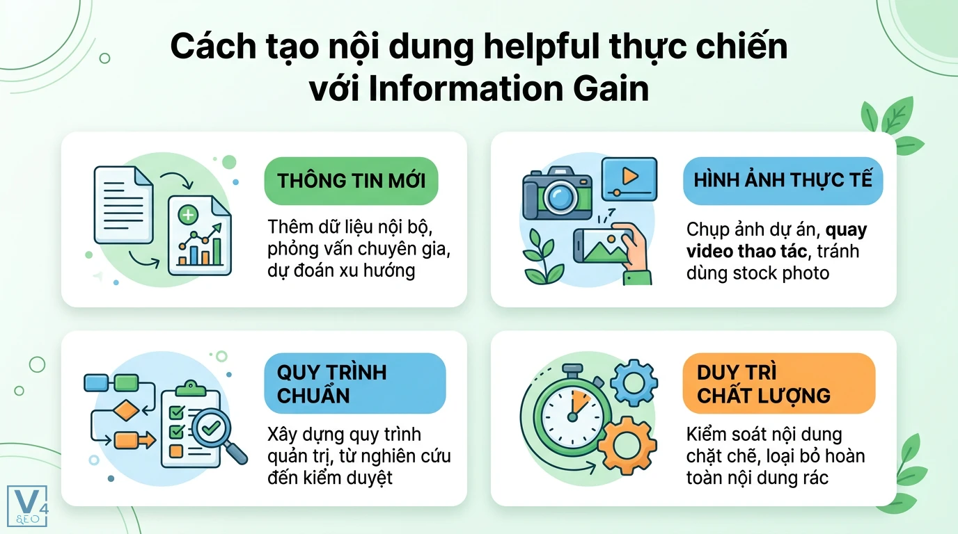 Helpful content là gì? Cách tối ưu E-E-A-T và Information Gain 2026 2 Cách tạo nội dung helpful qua Information Gain, thông tin mới, bằng chứng sử dụng, quy trình chuẩn và kiểm soát chất lượng bài viết
