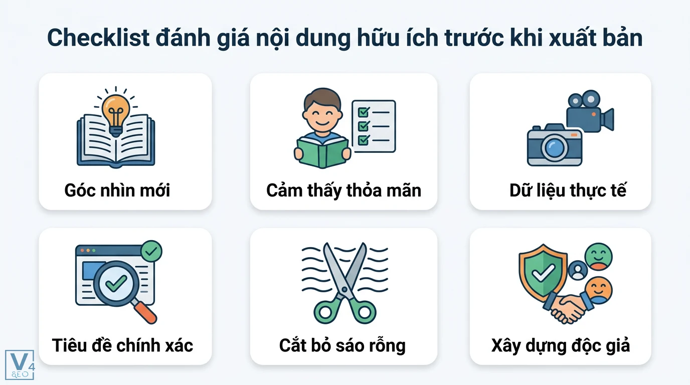 Helpful content là gì? Cách tối ưu E-E-A-T và Information Gain 2026 3 Checklist đánh giá nội dung hữu ích gồm góc nhìn mới, dữ liệu thực tế, tiêu đề chính xác, cắt bỏ sáo rỗng và xây dựng độc giả trung thành