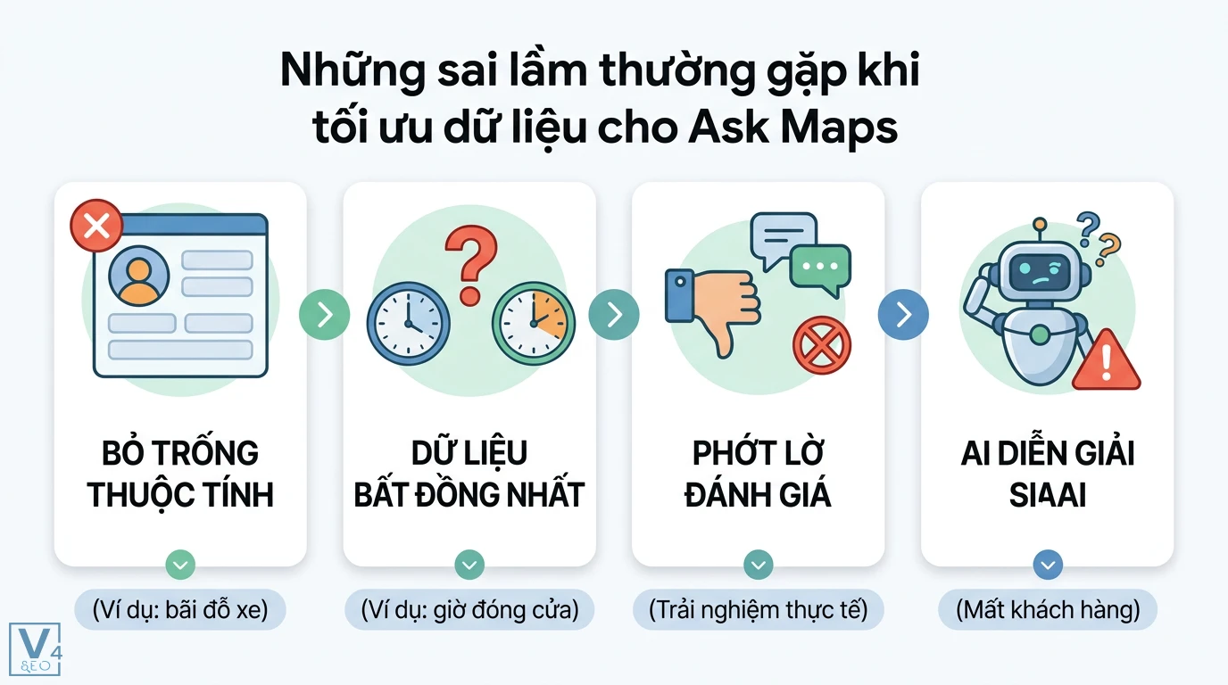 Hỏi & đáp trên GBP là gì? Cách tối ưu Local SEO với Ask Maps mới 3 Sai lầm tối ưu Ask Maps gồm bỏ trống thuộc tính, dữ liệu bất đồng nhất và phớt lờ đánh giá khiến AI diễn giải sai gây mất khách hàng
