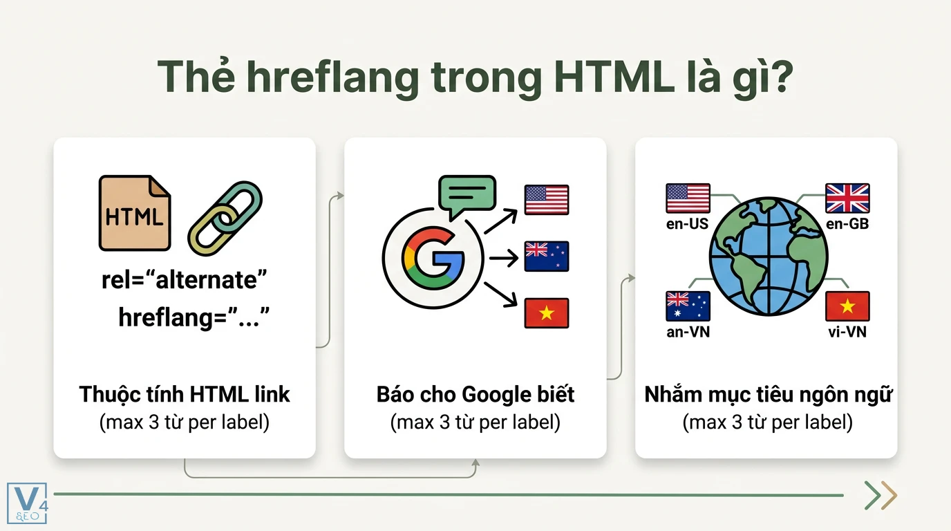 Hreflang trong HTML là gì? Checklist triển khai và cách sửa lỗi 1 Thẻ hreflang sử dụng thuộc tính rel alternate trong HTML để báo cho Google về các phiên bản ngôn ngữ mục tiêu như en-US, en-GB và vi-VN