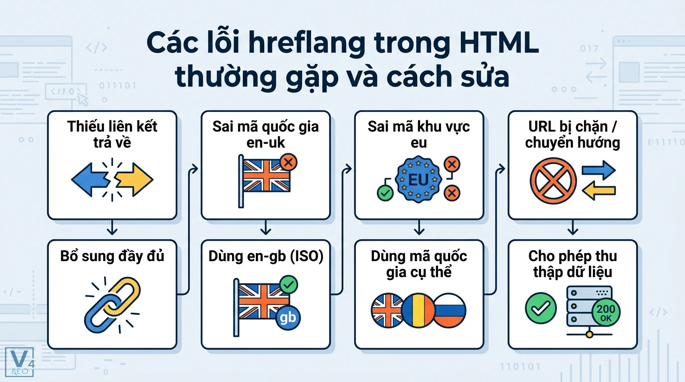 Hreflang trong HTML là gì? Checklist triển khai và cách sửa lỗi 3 Các lỗi hreflang thường gặp và cách sửa lỗi thiếu thẻ trả về, sai mã quốc gia en-uk, mã khu vực eu và URL bị chặn hoặc chuyển hướng