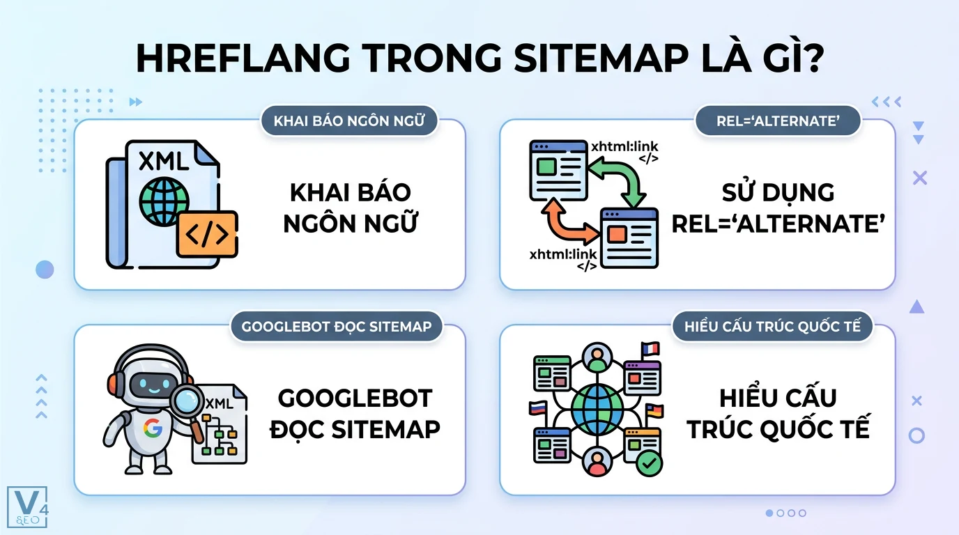 Hreflang trong sitemap là gì? Hướng dẫn code XML và sửa lỗi GSC 1 Hreflang trong sitemap XML dùng rel alternate giúp Googlebot nhận diện cấu trúc quốc tế và các phiên bản ngôn ngữ của website