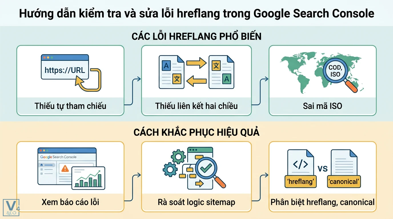 Hreflang trong sitemap là gì? Hướng dẫn code XML và sửa lỗi GSC 2 Sửa lỗi hreflang gồm thiếu tự tham chiếu, liên kết hai chiều, sai mã ISO và cách rà soát sitemap, phân biệt thẻ hreflang với canonical