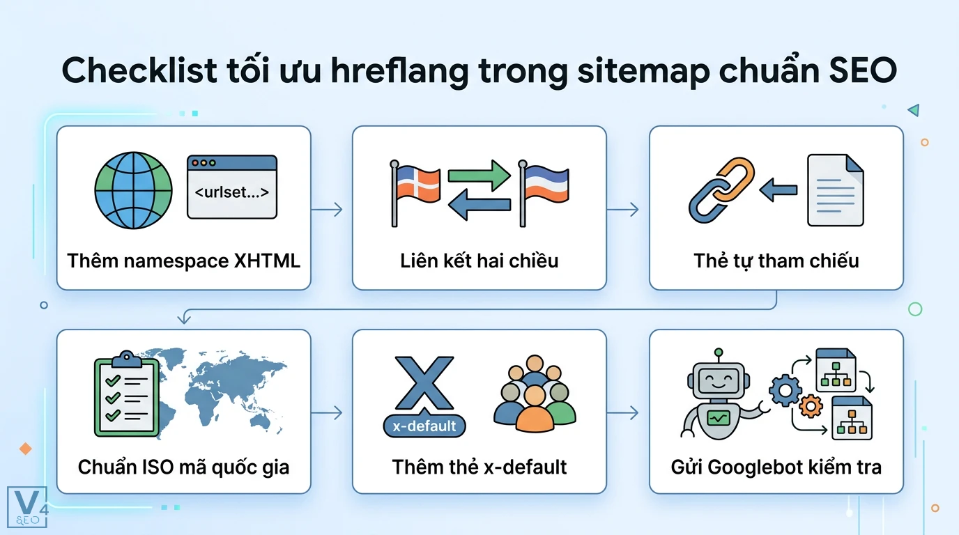 Hreflang trong sitemap là gì? Hướng dẫn code XML và sửa lỗi GSC 3 Checklist tối ưu hreflang trong sitemap gồm XHTML, liên kết hai chiều, thẻ tự tham chiếu, mã ISO quốc gia, thẻ x-default và Googlebot