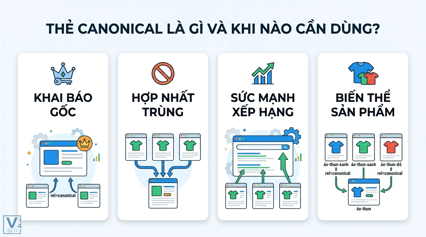 Hreflang vs canonical là gì? Cách tối ưu International SEO chuẩn 1 Thẻ canonical giúp khai báo trang gốc, hợp nhất nội dung trùng lặp, tập trung sức mạnh xếp hạng và xử lý hiệu quả các biến thể sản phẩm