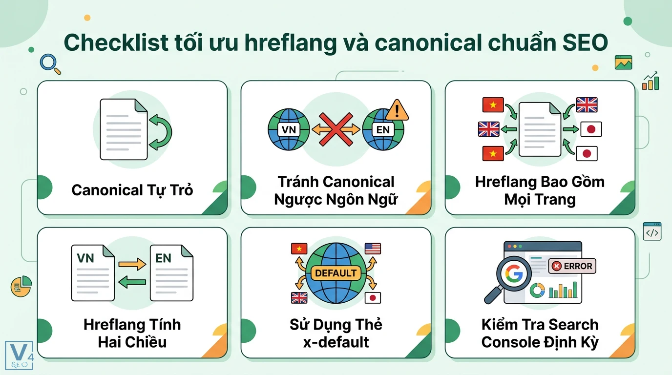 Hreflang vs canonical là gì? Cách tối ưu International SEO chuẩn 3 Checklist tối ưu hreflang và canonical chuẩn SEO bao gồm thẻ tự trỏ, liên kết hai chiều, thẻ x-default và báo cáo Google Search Console