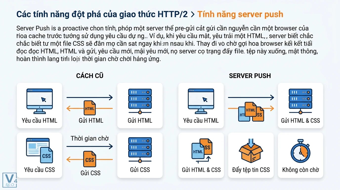 HTTP/2 là gì? Tìm hiểu cơ chế Multiplexing và cách tối ưu website 1 Cơ chế Server Push trong HTTP/2 giúp máy chủ chủ động gửi tệp CSS cùng HTML nhằm loại bỏ thời gian chờ và tối ưu tốc độ tải trang