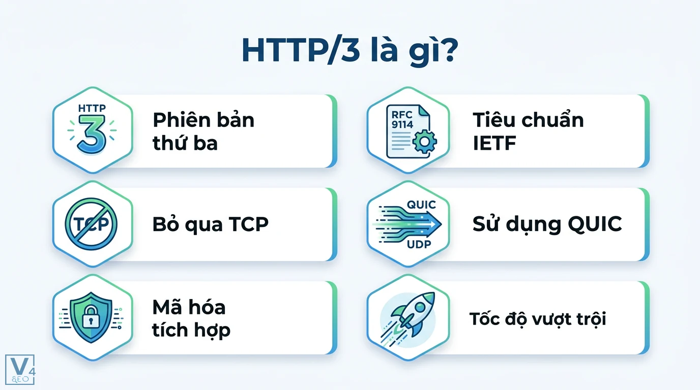 HTTP/3 là gì? Giao thức QUIC và hướng dẫn tối ưu website 2026 1 HTTP/3 tiêu chuẩn IETF RFC 9114 sử dụng QUIC thay thế TCP giúp tích hợp mã hóa dữ liệu và tối ưu tốc độ phản hồi cho ứng dụng web